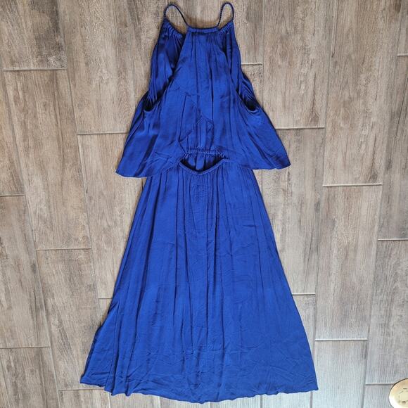 Madewell Maxi Dress Size 2 Flutter Back Overlay Midi Tiered Slit Royal Blue - Picture 11 of 16